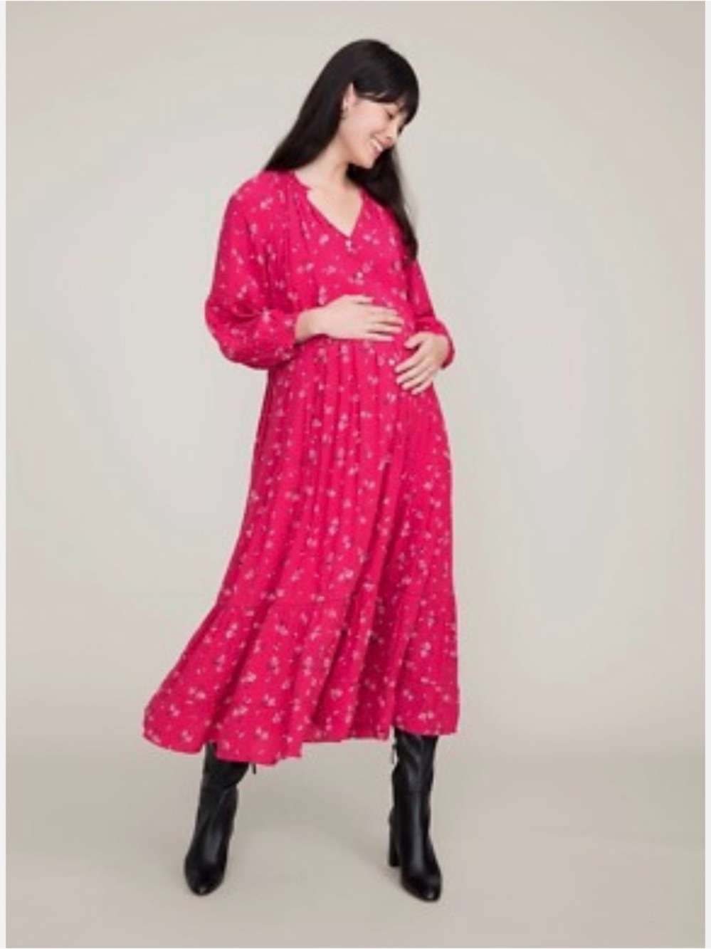 Floral V-Neck Midi Dress in Rose Red - Picture 3 of 5